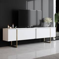 Design TV-Möbel 2 Schwingtüren Sibylle B180xH50cm Metall Gold und Holz Weiß