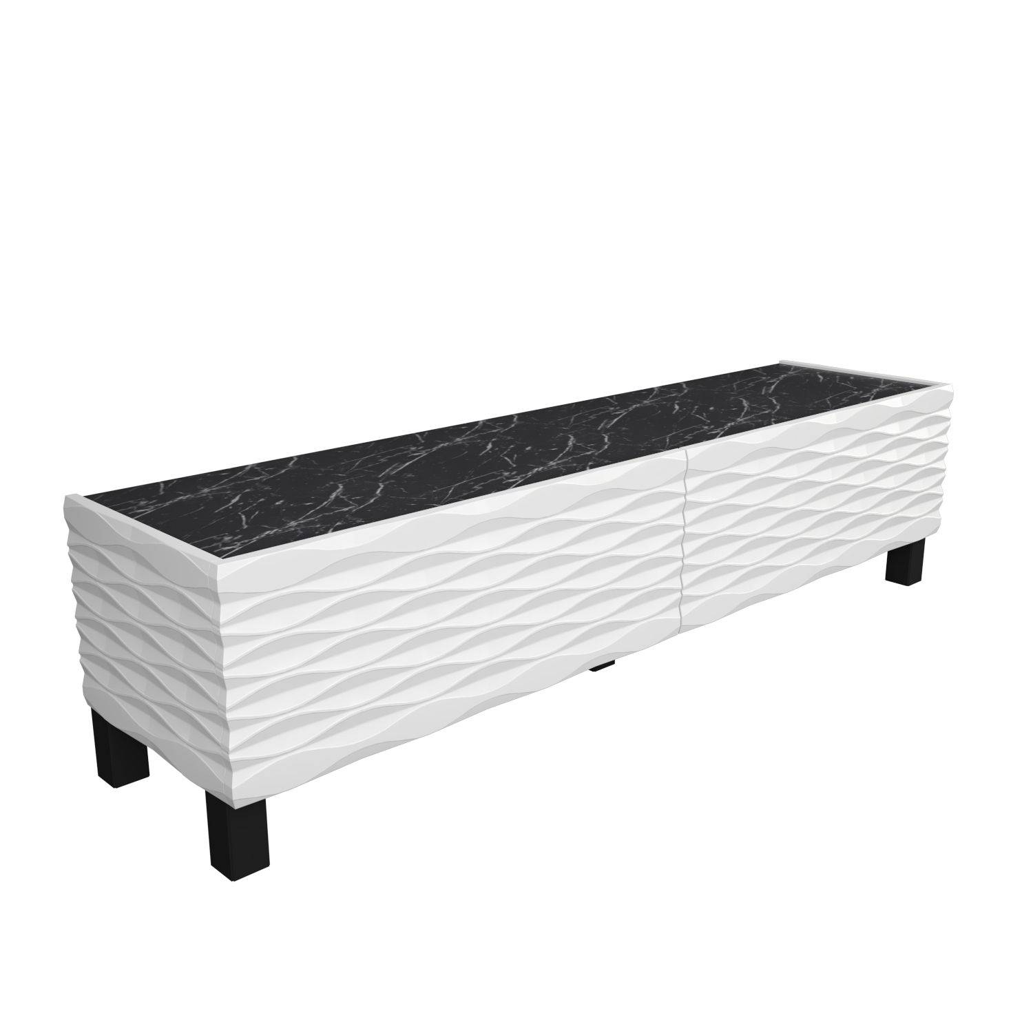 Mueble de TV de diseño de 2 puertas Vanoise 149cm Efecto mármol blanco y negro