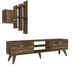 TV-meubel en wandplank Yvel Donker hout en goud