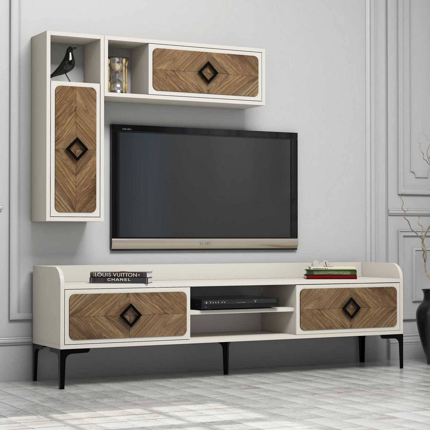 TV-meubel en wandplanken Lebon Wit crème en donker hout