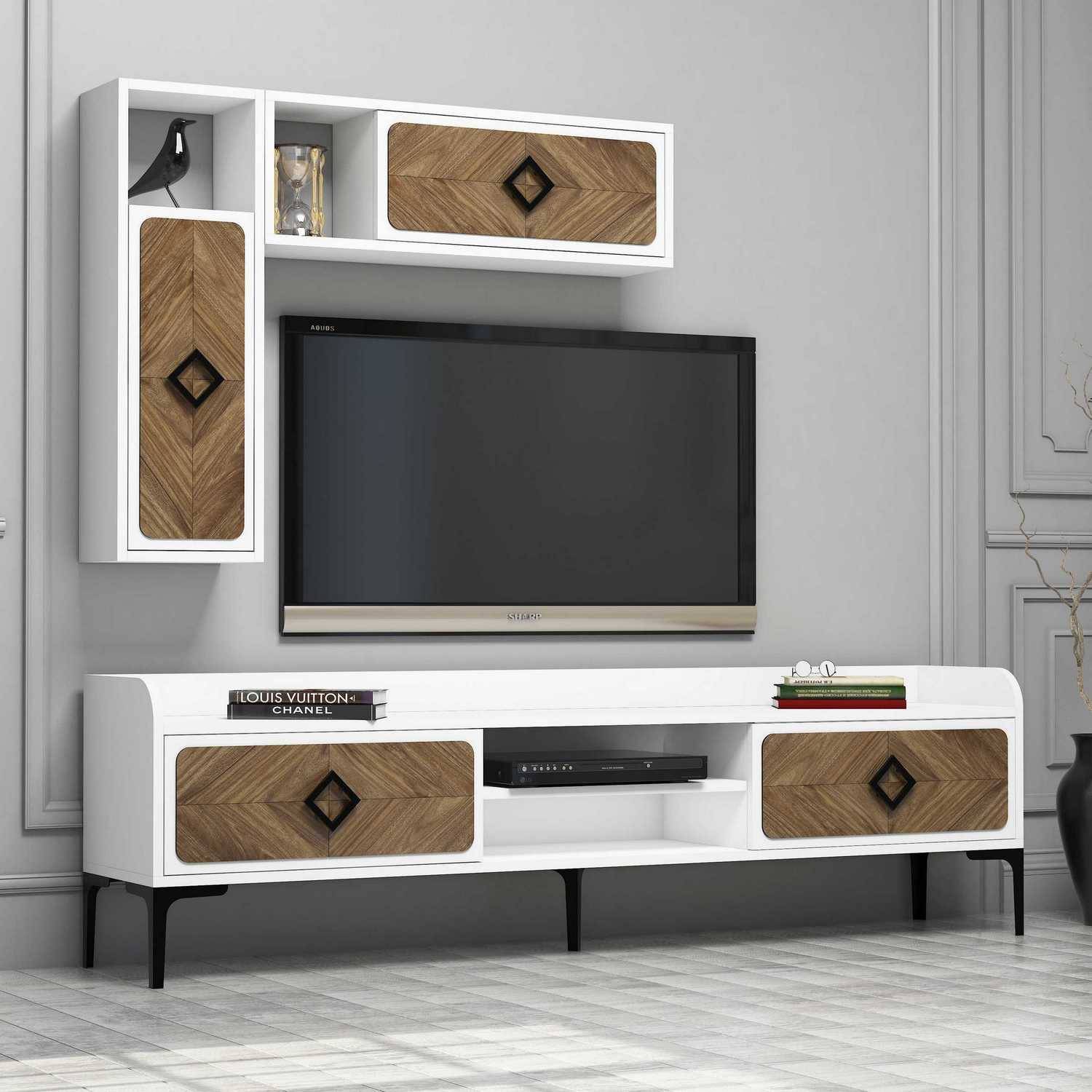 TV-meubel en wandplanken Lebon Donker hout en Wit