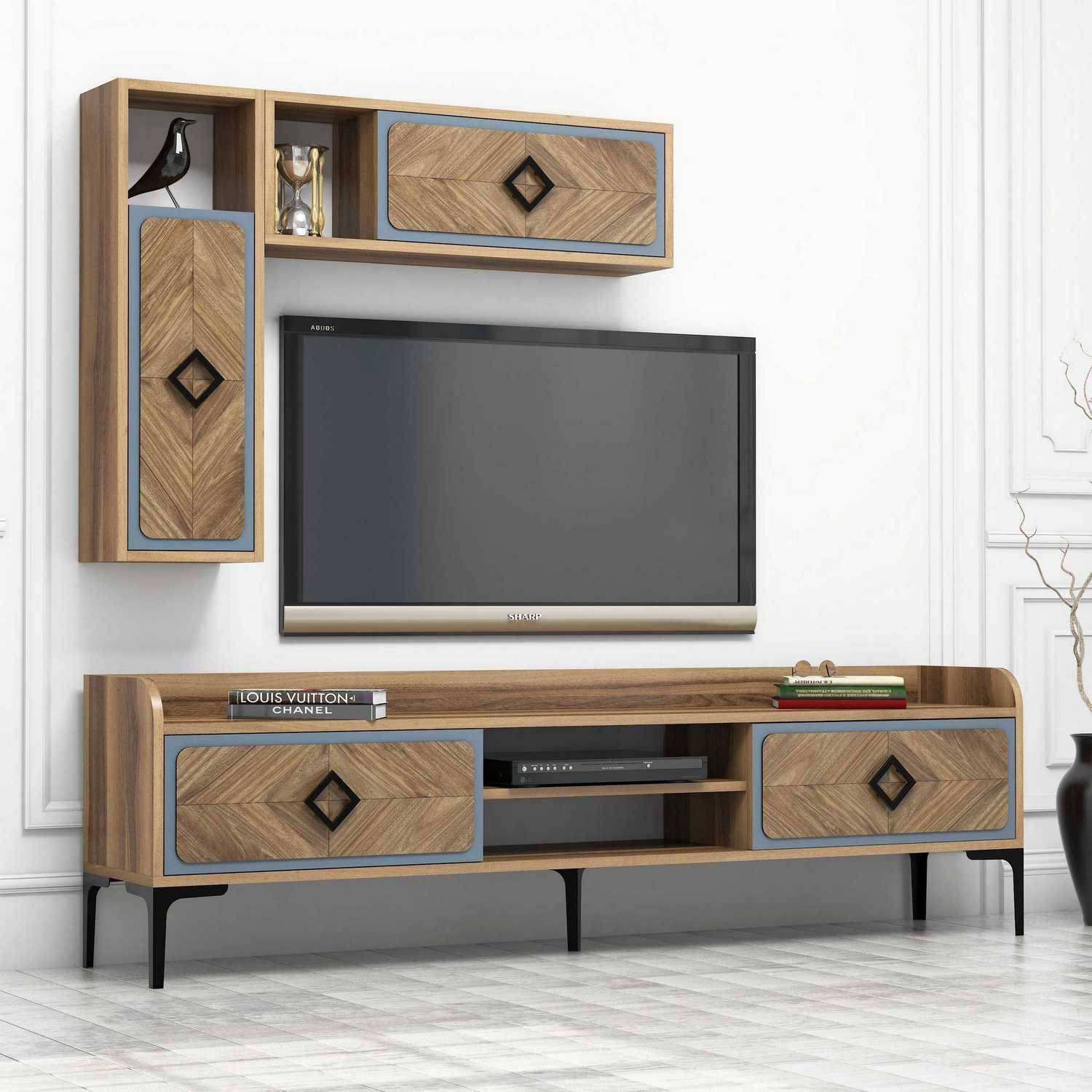 TV-meubel en wandplanken Lebon Donker hout en Blauw