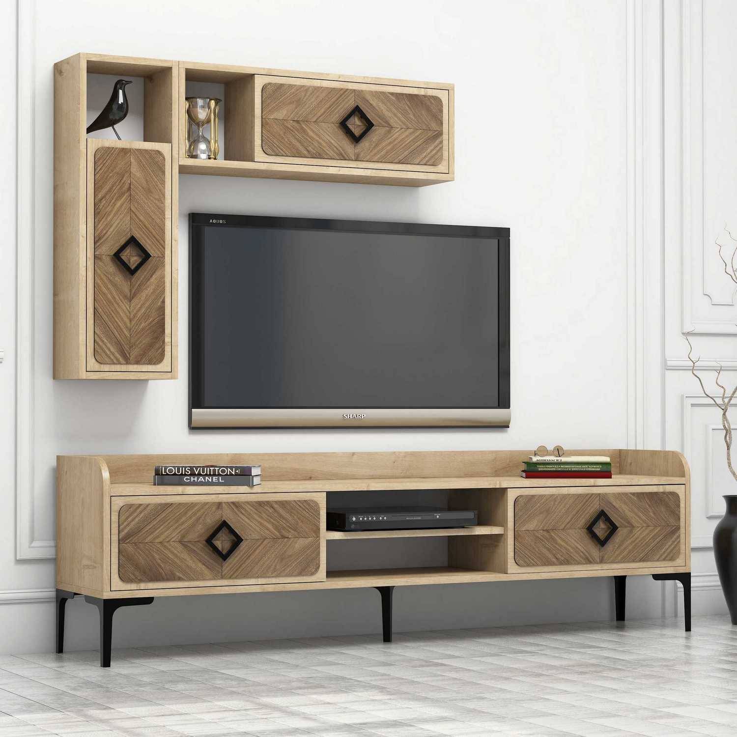 TV-meubel en wandplanken Lebon Donker hout en licht eiken