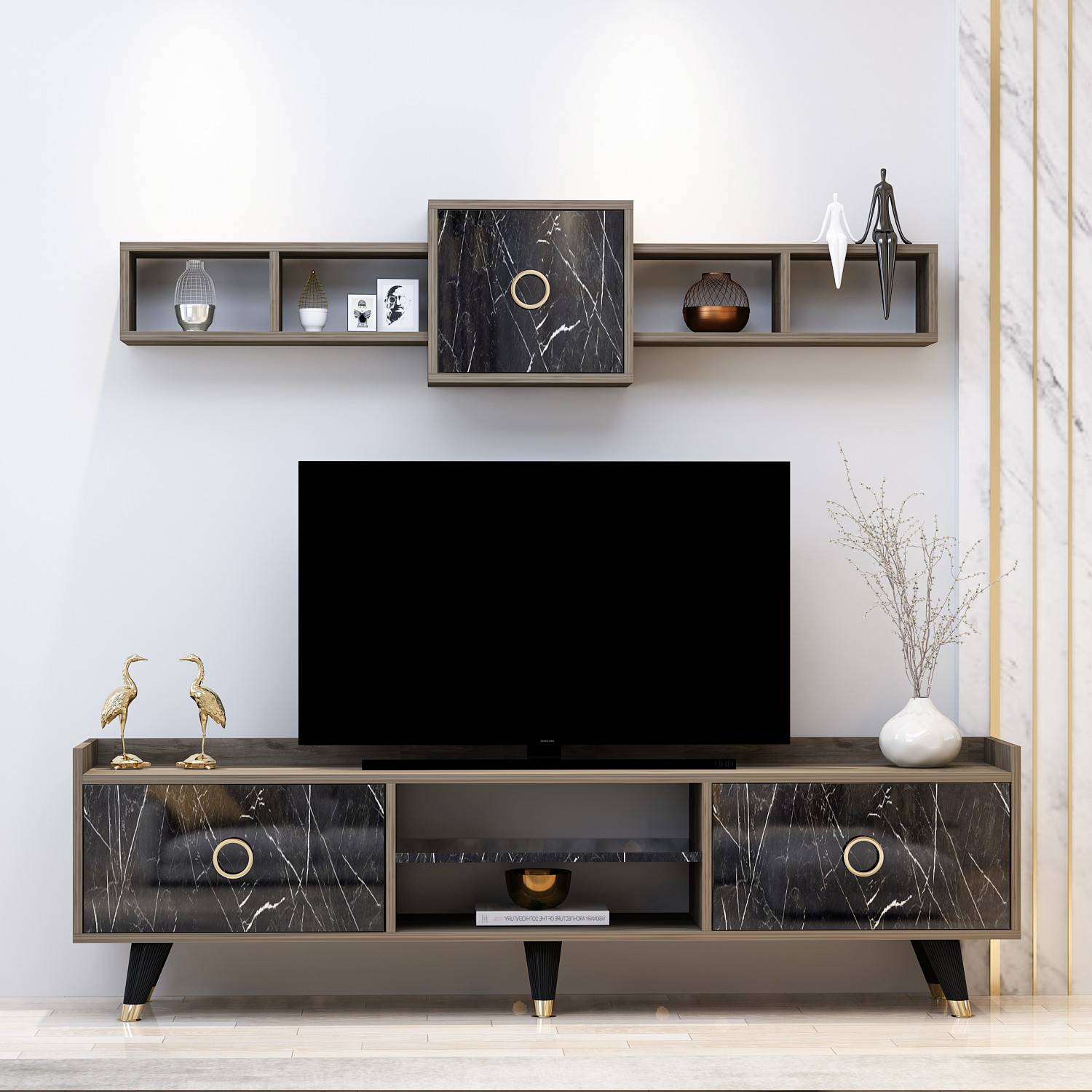 Mistery Tv-meubel en wandplanken met natuurlijk hout en zwart marmereffect