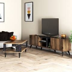 Hovela TV-meubel en salontafel Natuurlijk hout en zwart marmer