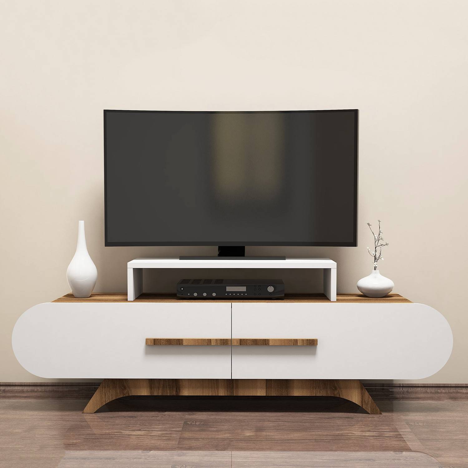 TV-meubel Ellipsis ovaal front L145 cm Noten Wit melaminepaneel