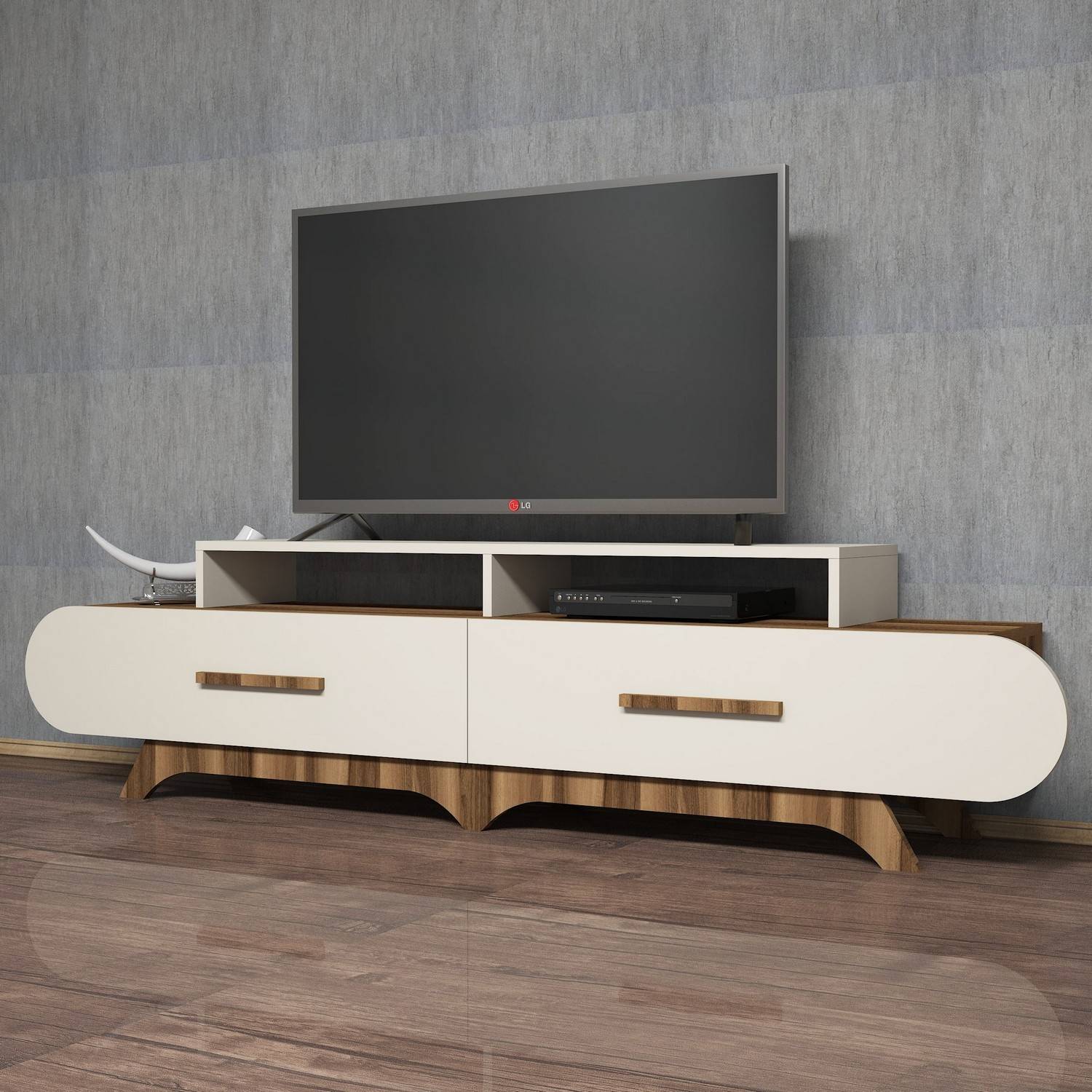 TV-Möbel mit ovaler Front Ellipsis B205 cm Melaminplatte Nussbaum Creme