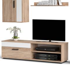 TV-meubel L140cm met 2 kasten en legplank Bernie Licht eiken en Wit