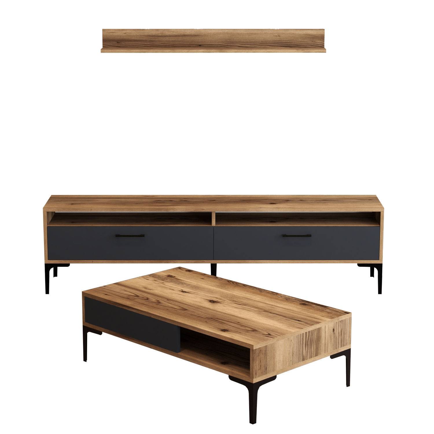 Varnus naturel en antraciet hout en zwart metalen meubelsets