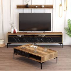 Moderner TV-Schrank 180 cm mit Couchtisch und Regal Varnus Holz und schwarzem Marmoreffekt