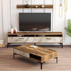 Meuble TV moderne 180cm avec table basse et étagère Varnus Bois et Effet marbre Blanc