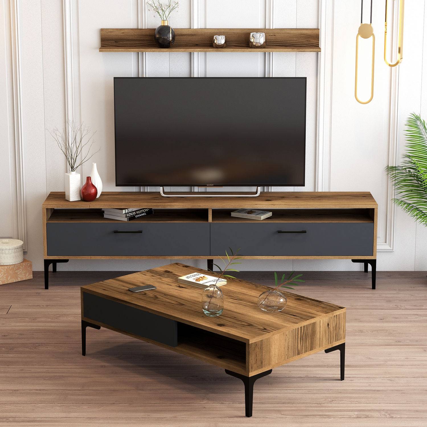 Mobile TV moderno 180cm con tavolino e ripiano in legno Varnus e Antracite