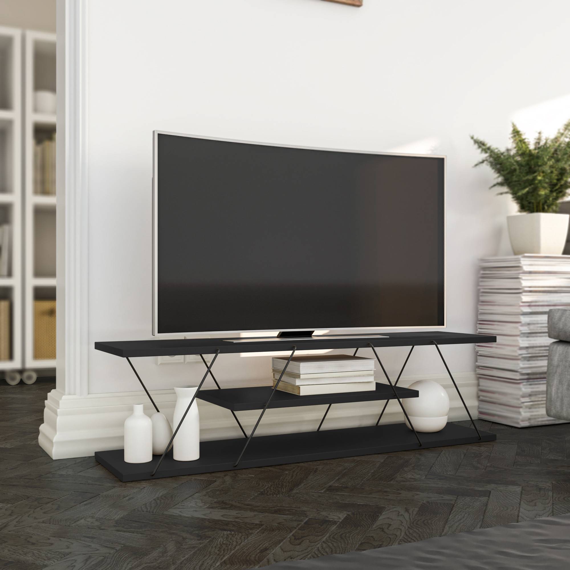 TV-Möbel mit ultradünnen Stützen und drei Ablagen Filumis 120cm Holz Anthrazit und Metall Schwarz