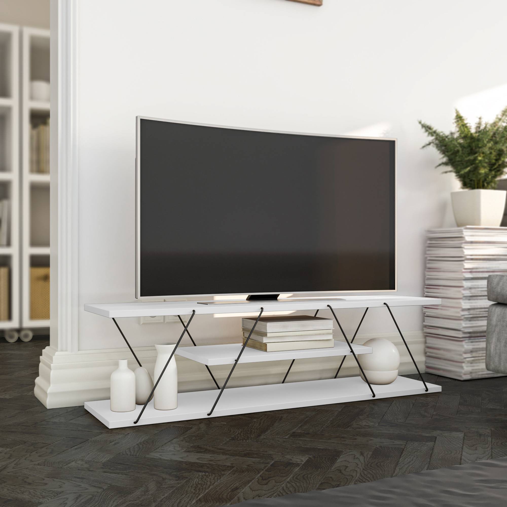 TV-meubel met drie Filumis-planken 120cm Wit hout en zwart metaal
