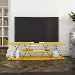 Mueble de TV con montantes ultrafinos y tres estantes Filumis L120 cm Panel de melamina Amarillo Negro
