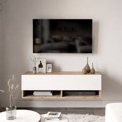 TV-hangrek met 2 legplanken en 2 draaideuren Halei 100cm Natuurlijk hout en Wit