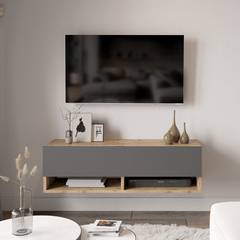 Wand-TV-Möbel 2 Regale und 2 Flügeltüren Halei 100cm Naturholz und Anthrazit
