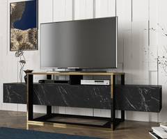 Mueble de TV rebosante efecto mármol L160 cm Panel de melamina Negro/Dorado