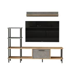 TV-meubel in industriële stijl met ingebouwde plank en wandplank Roraima Licht hout en Grijs en Zwart metaal