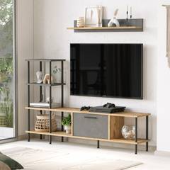 Porta TV in stile industriale con ripiano incorporato e mensola a parete Roraima Legno chiaro e metallo grigio e nero