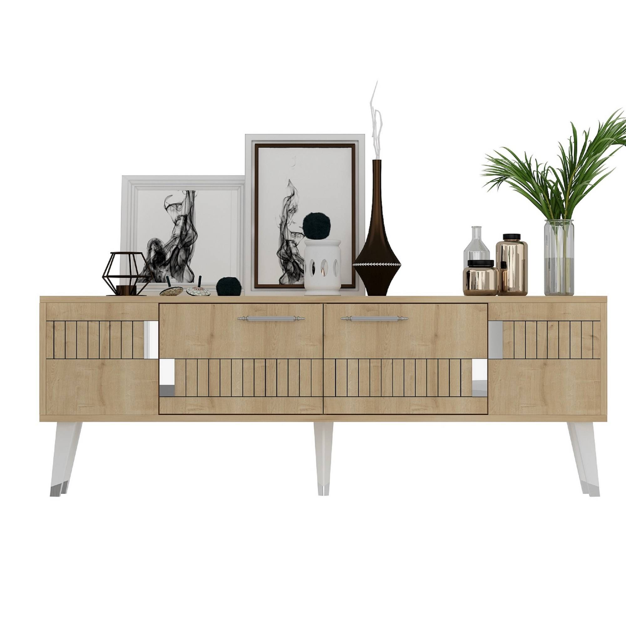 TV-Möbel im skandinavischen Stil Jasim 150cm Geometrisches Muster Helle Eiche und Silber