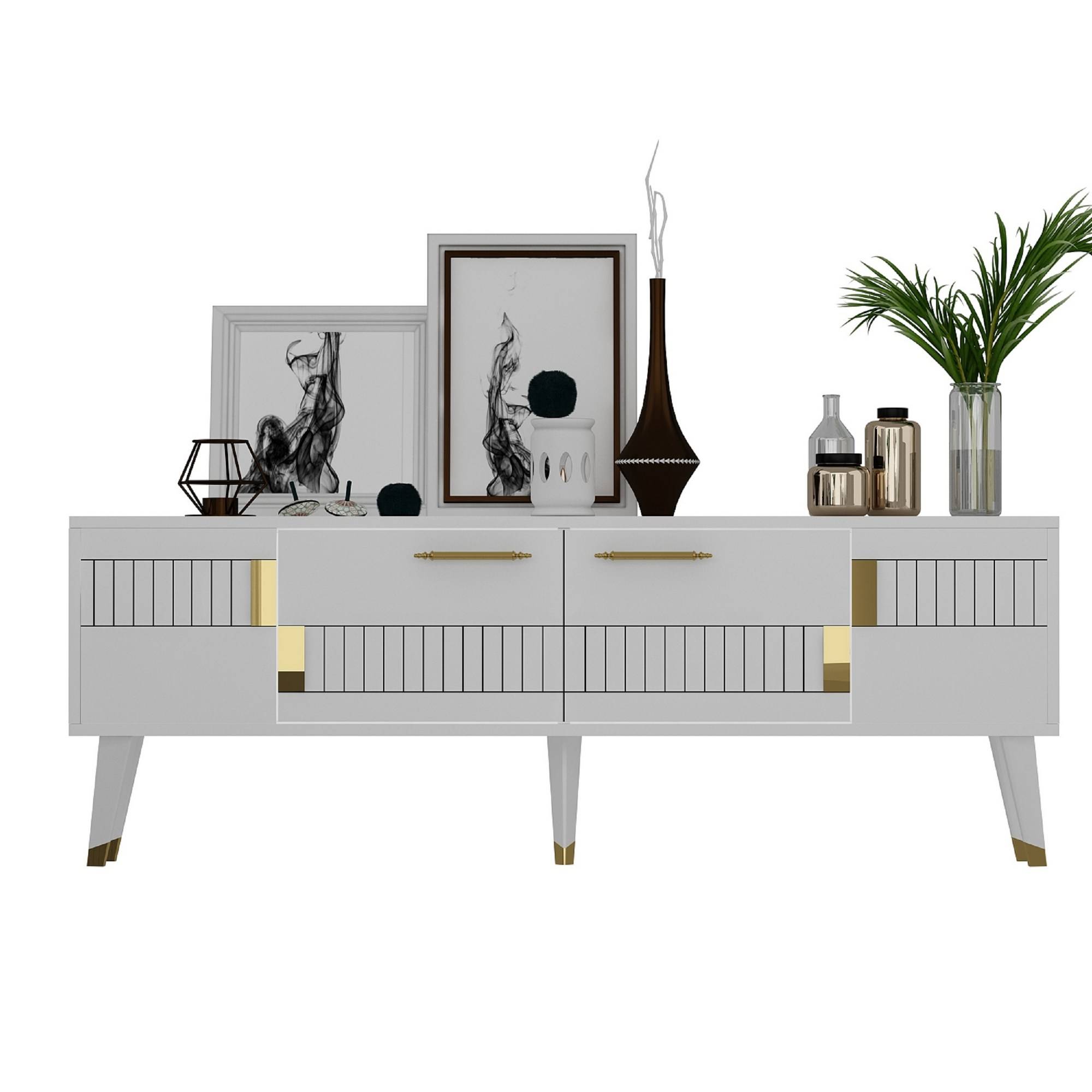 TV-Möbel im skandinavischen Stil Jasim 150cm Geometrisches Muster Weiß und Gold