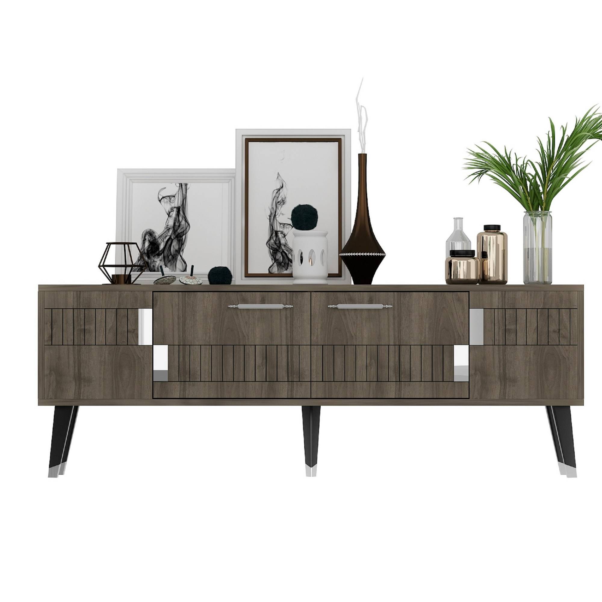 TV-Möbel im skandinavischen Stil Jasim 150cm Geometrisches Muster Dunkles Holz und Silber