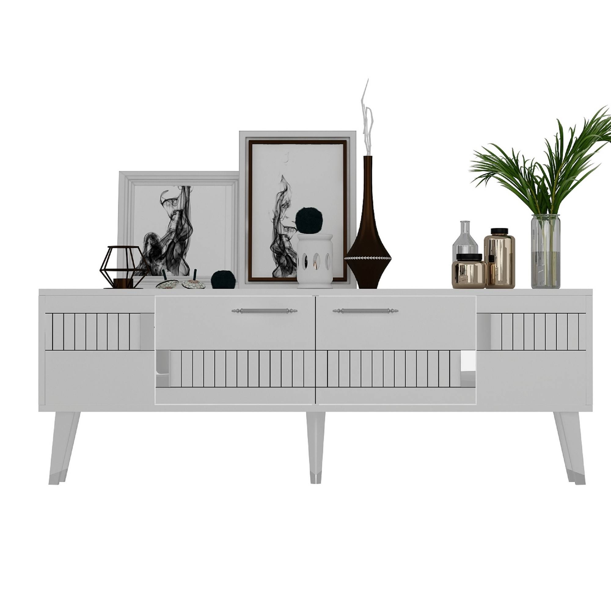 TV-Möbel im skandinavischen Stil Jasim 150cm Geometrisches Muster Weiß und Silber
