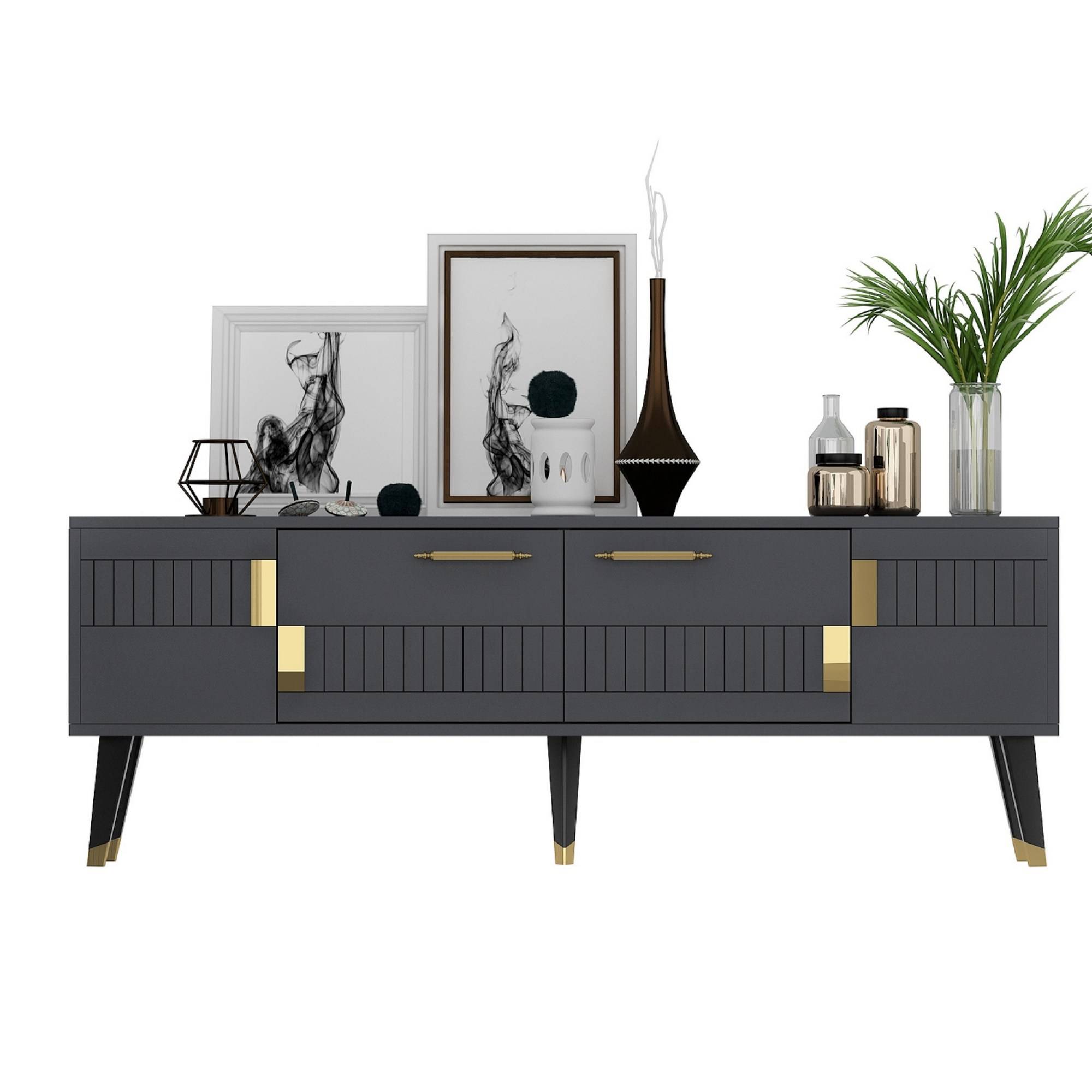 TV-Möbel im skandinavischen Stil Jasim 150cm Geometrisches Muster Anthrazit und Gold