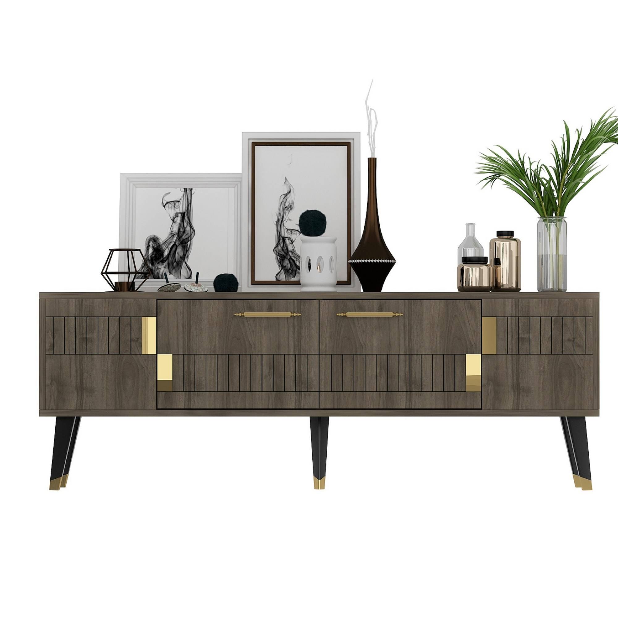 TV-Möbel im skandinavischen Stil Jasim 150cm Geometrisches Muster Dunkles Holz und Gold