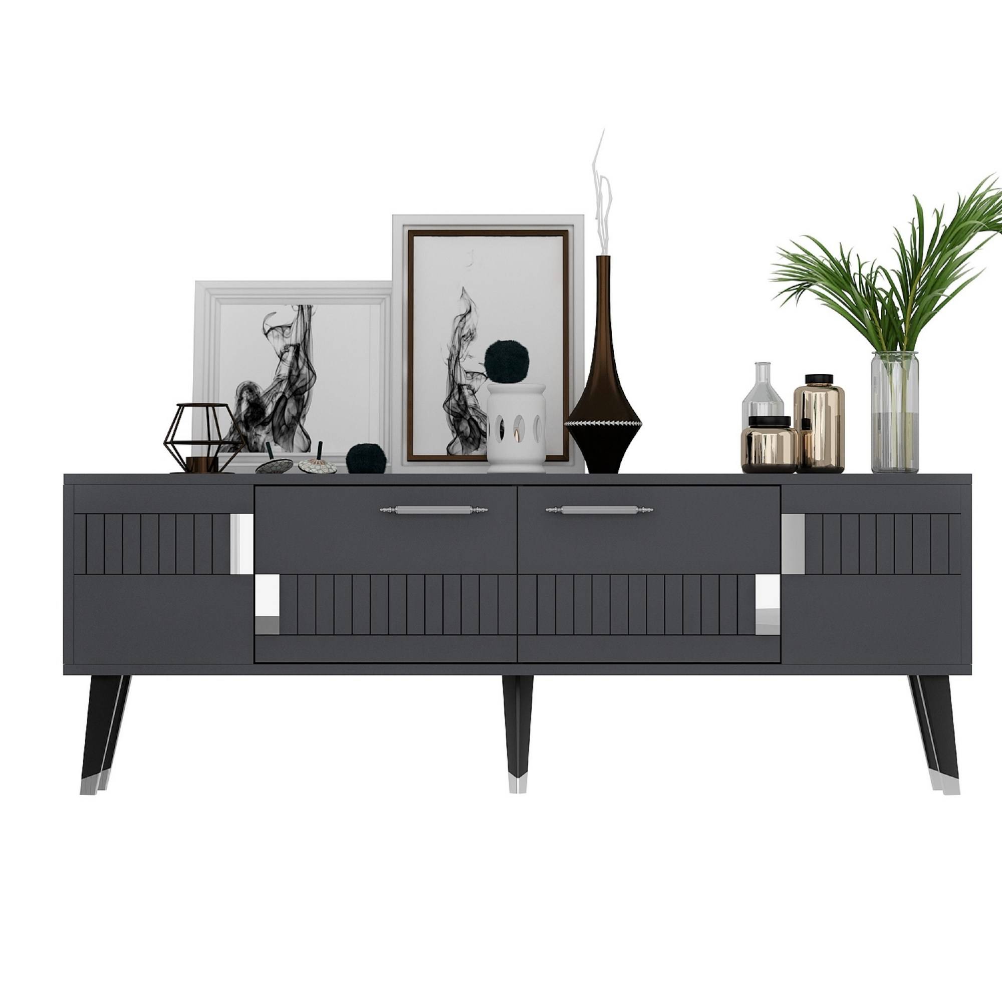 TV-Möbel im skandinavischen Stil Jasim 150cm Geometrisches Muster Anthrazit und Silber