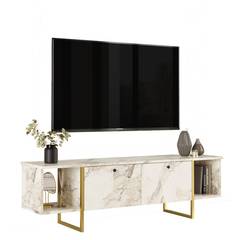 Toubkal TV-meubel 160cm Goud Metaal en Hout Wit Marmer Effect