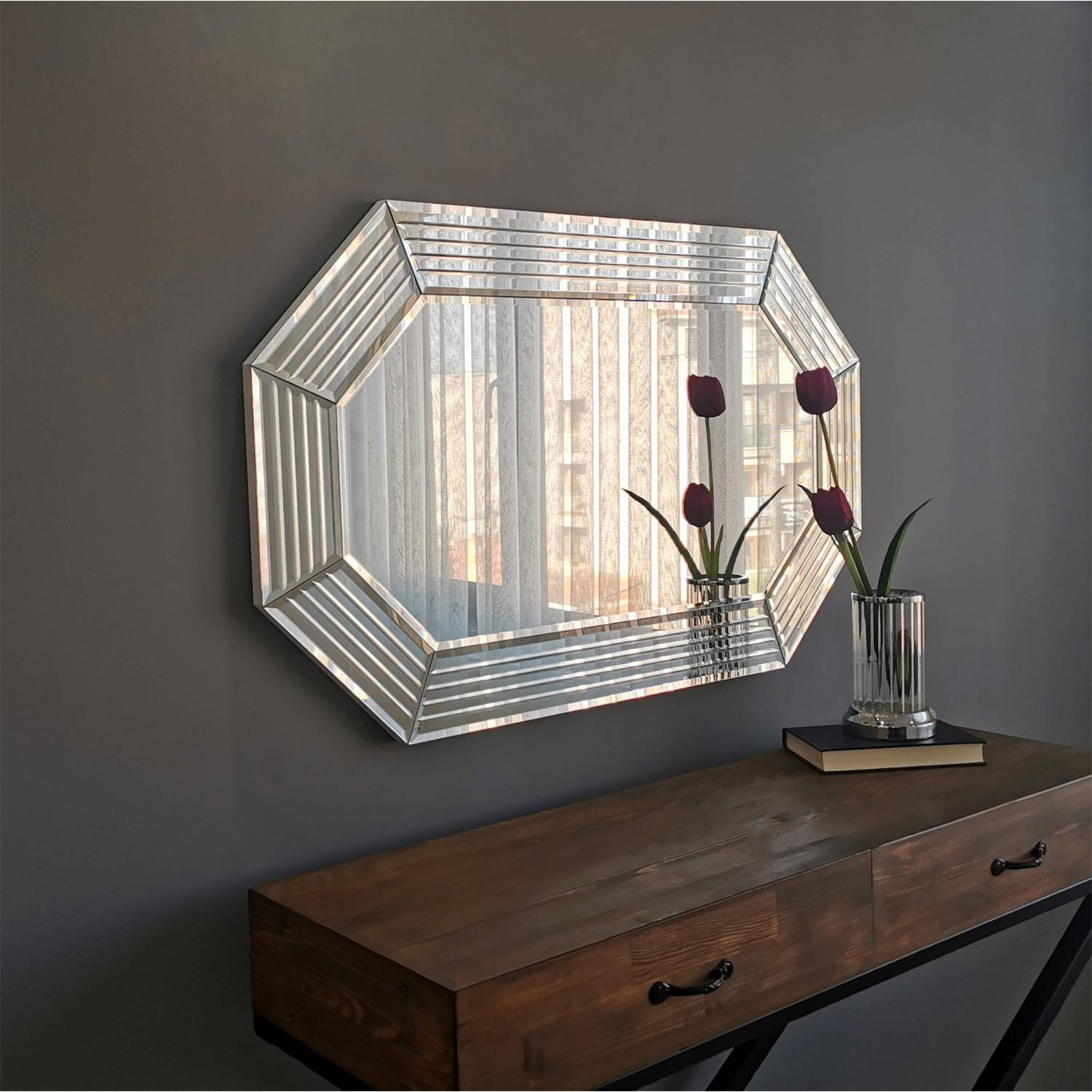 Dekorativer Spiegel Hexagon Beketa 100x60cm Hartglas Silber