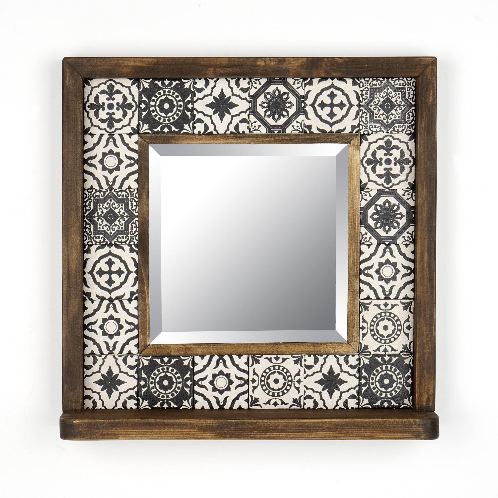 Dallat espejo de pared W32,5xH33cm Madera maciza Oscuro Arabesco patrón Blanco y Negro