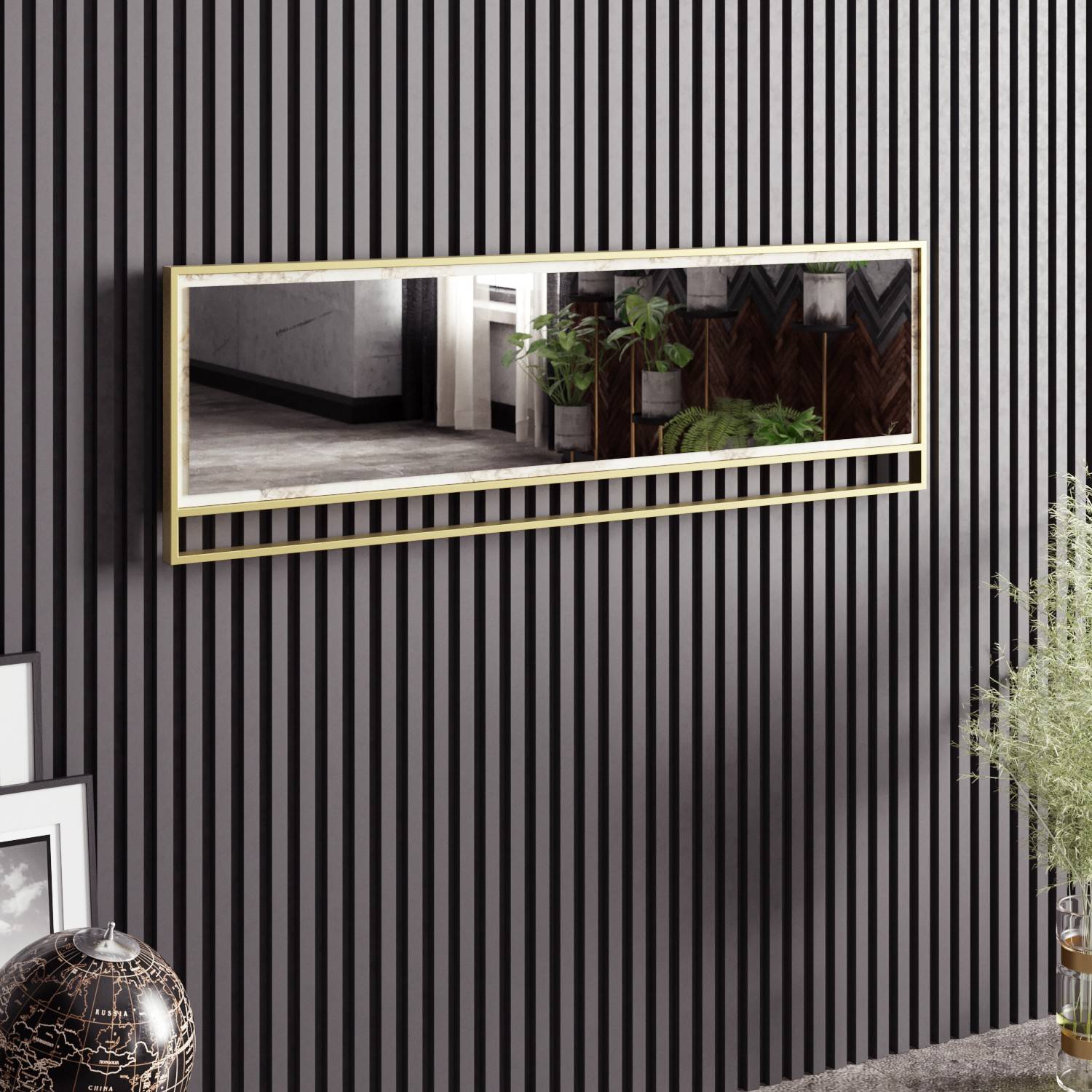 Wandspiegel rechteckig Belleza 121,8cm Rahmen durchbrochen Melamin Schwarz Metall Gold