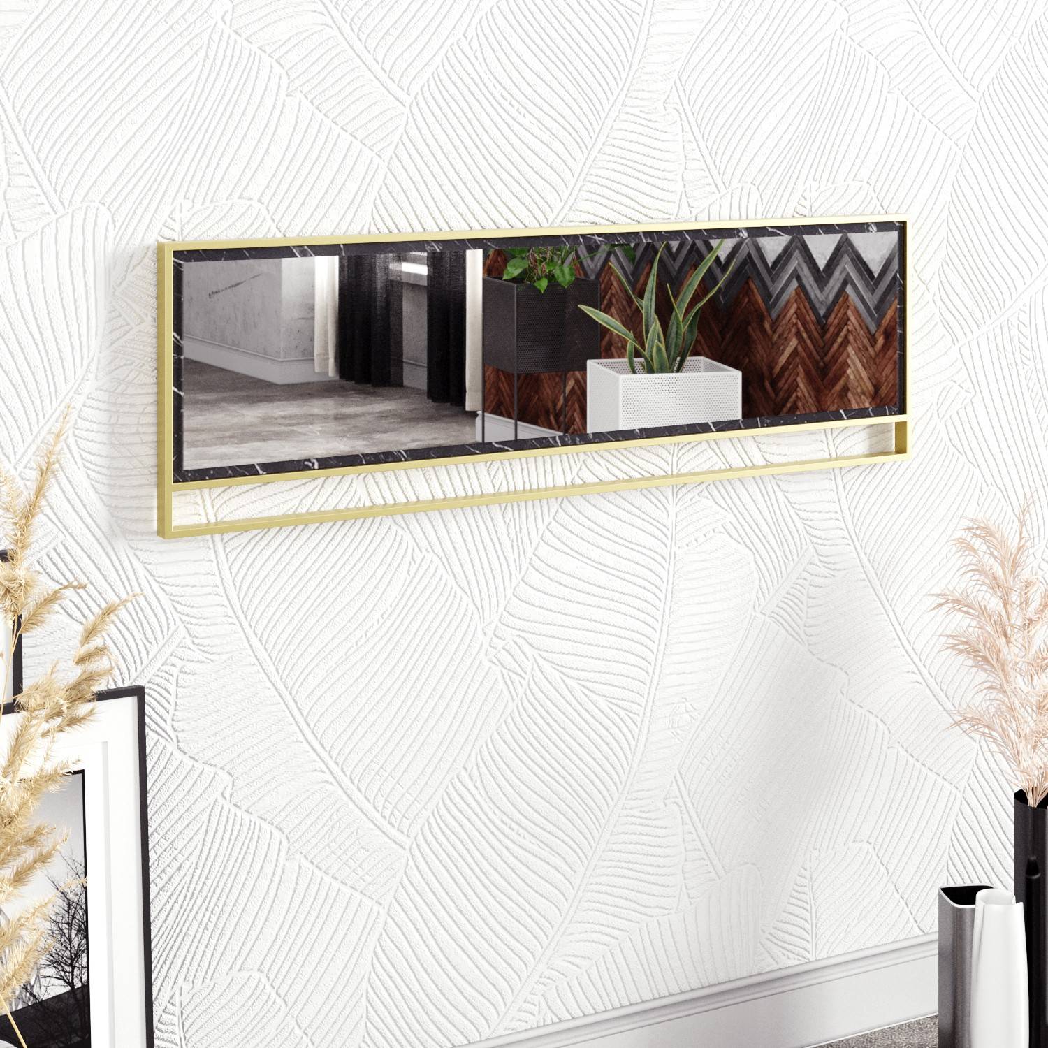 Wandspiegel rechteckig Belleza 121,8cm Rahmen durchbrochen Melamin Schwarz Metall Gold