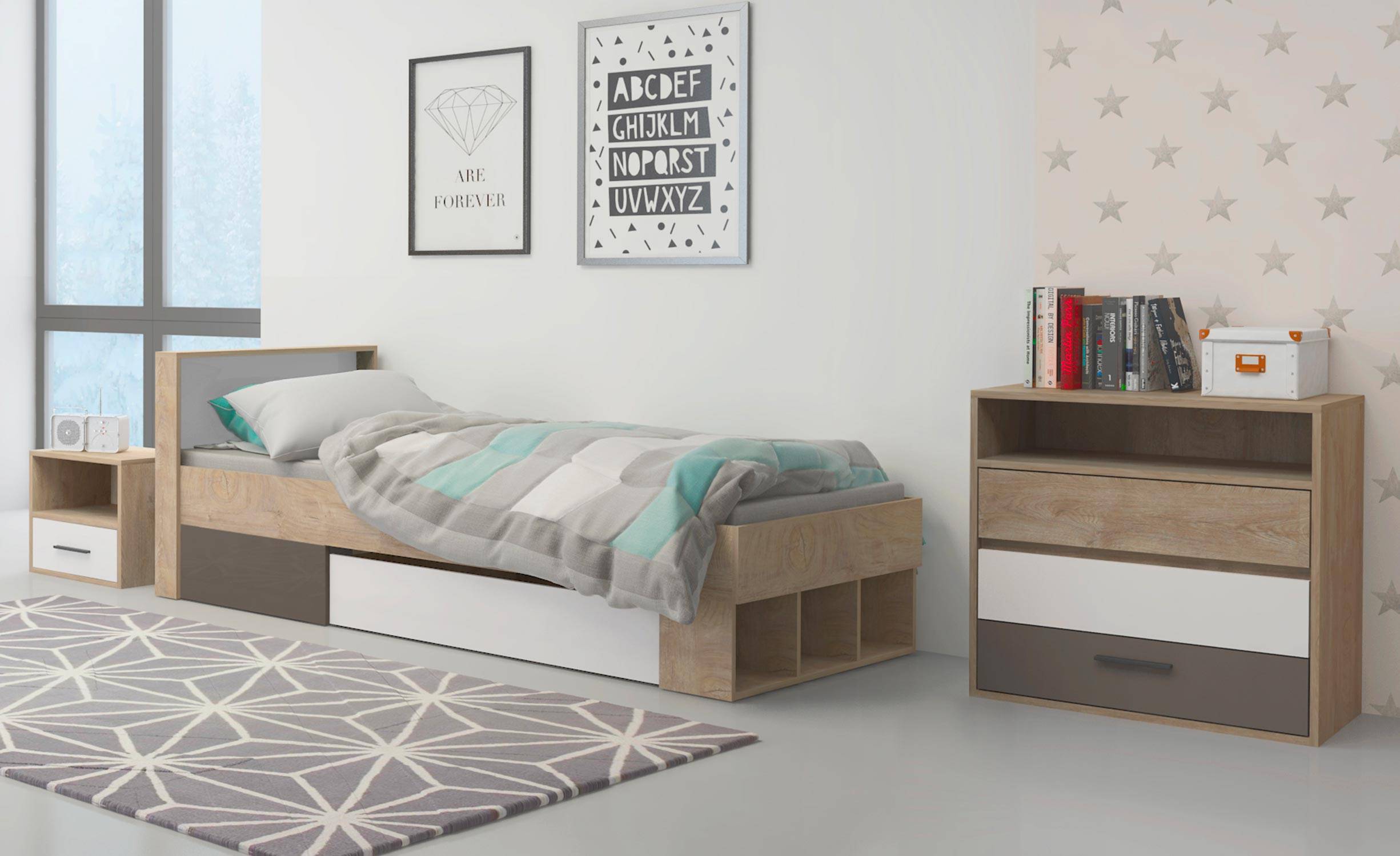 Cadre de lit simple Mitogo pour sommier 90x200cm avec 3 casiers de  rangement Chêne clair