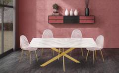 Naelle Esstisch  mit goldenen Tischbeinen und Glasplatte mit Marmoreffekt