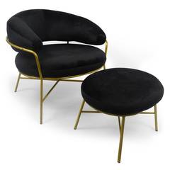 Nanty fauteuil + voetenbank zwart Velvet ottomaanse gouden voet