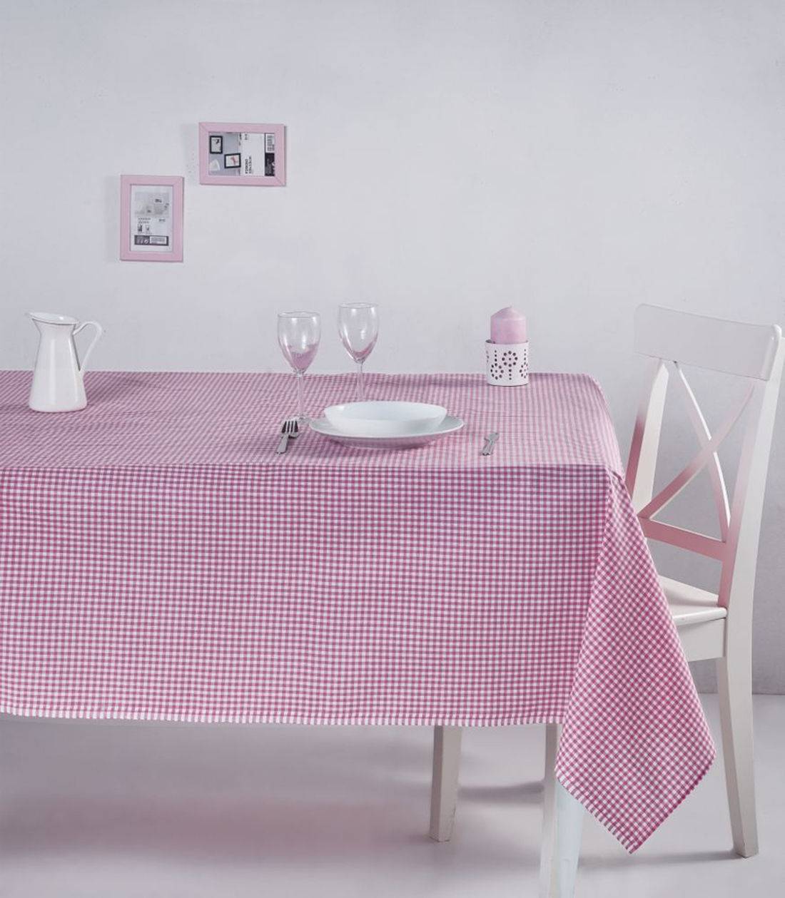 Nappe de table Bertier 170x170cm Coton Motif petits carreaux Rose et Blanc
