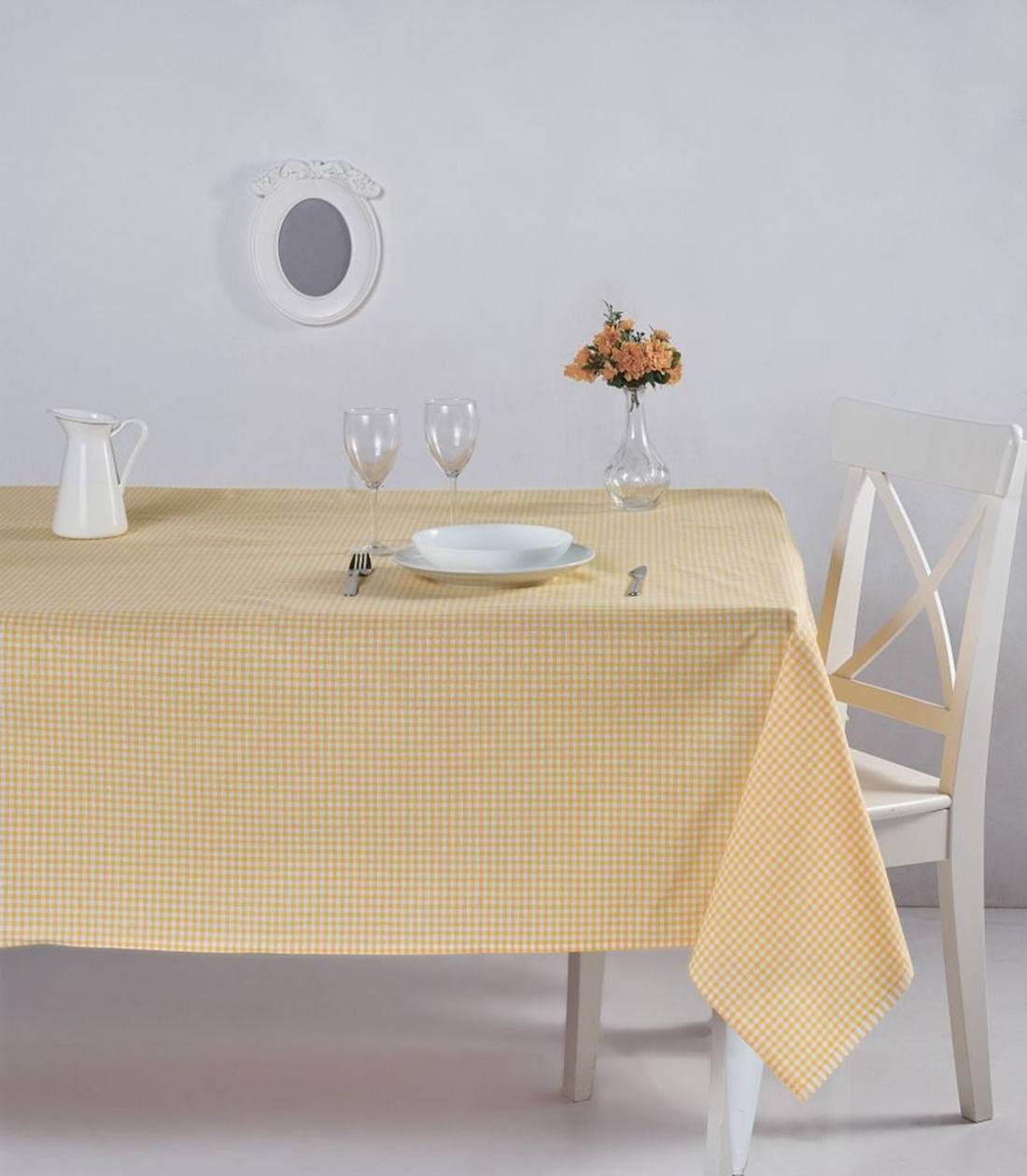 Nappe de table Bertier 170x170cm Coton Motif petits carreaux Jaune et Blanc