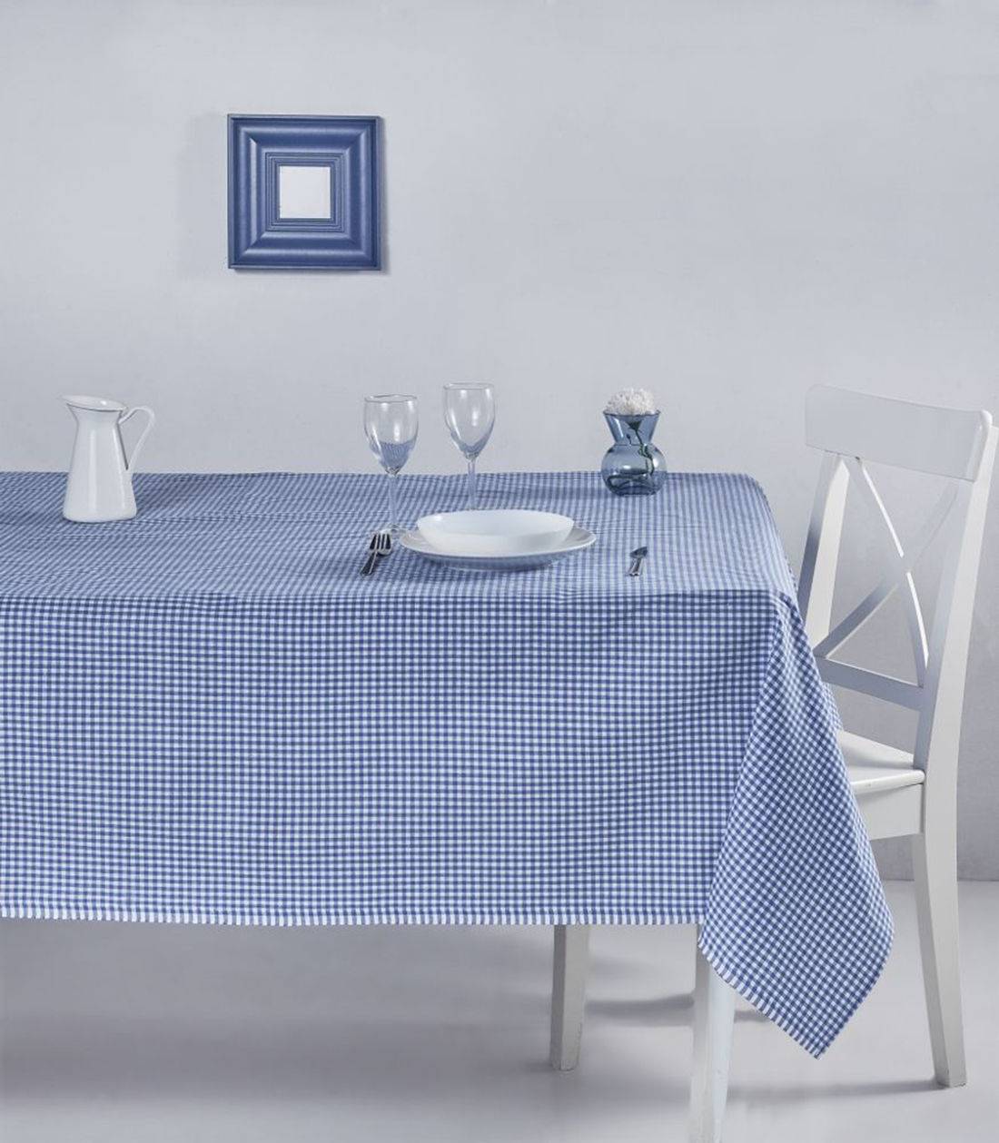 Tafelkleed Bertier 170x220cm Katoen Klein ruitpatroon Blauw en Wit