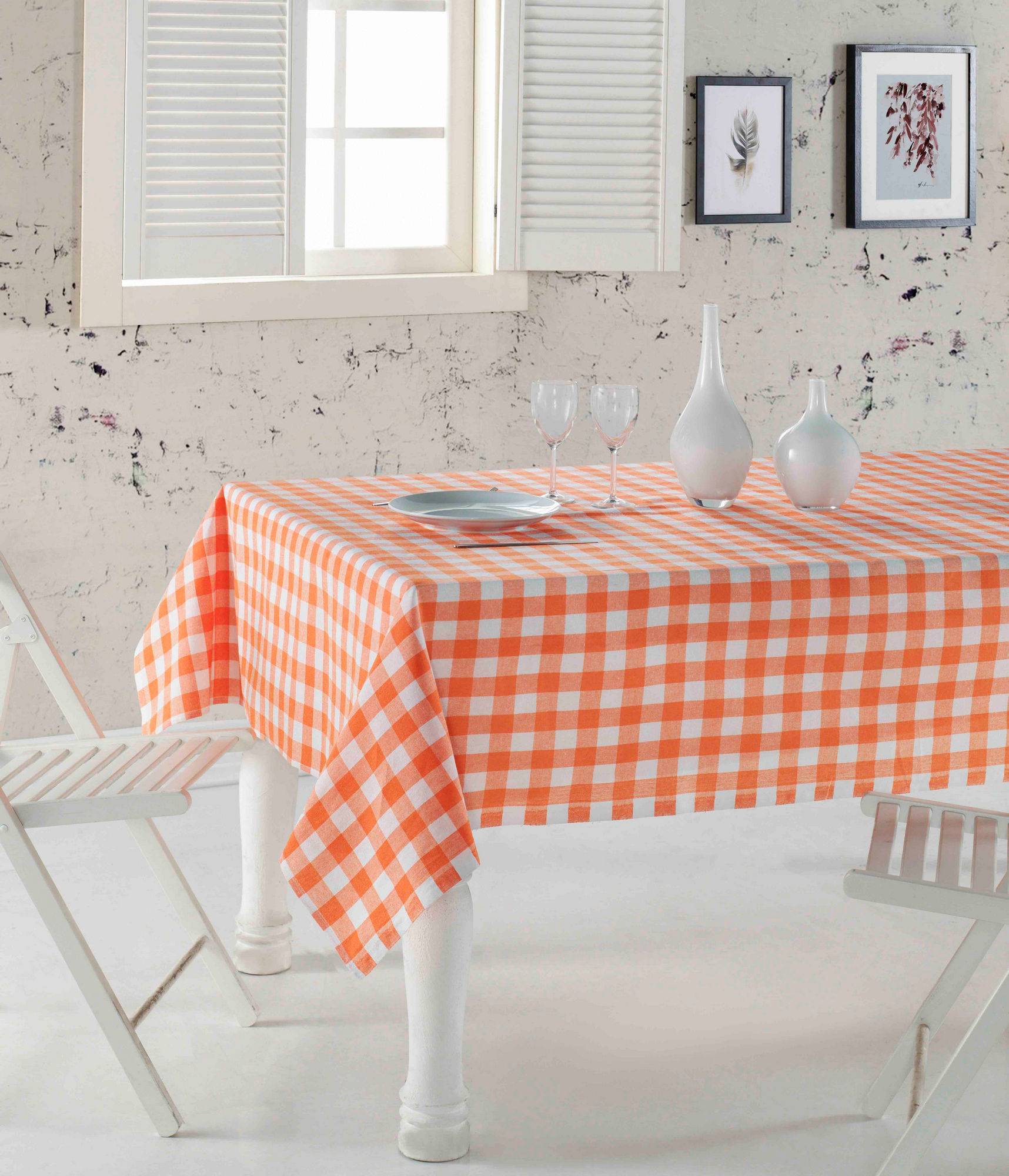 Brunier Tischdecke 160 x 160 cm Karomuster in Orange und Weiß