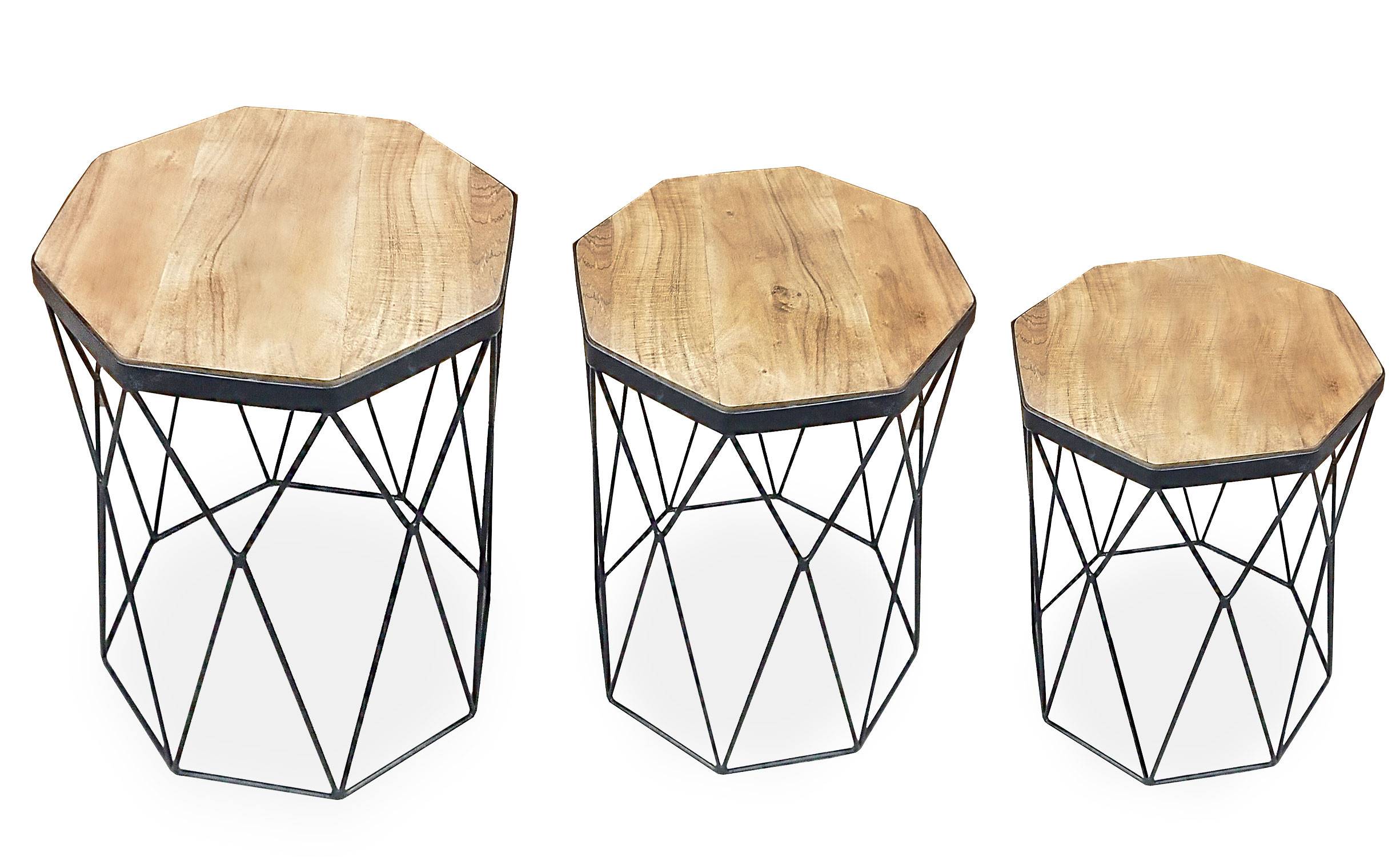 Set di 3 tavolini ottagonali Neflior in metallo nero e legno chiaro