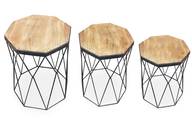 Set di 3 tavolini ottagonali Neflior in metallo nero e legno chiaro