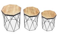 Set van 3 achthoekige salontafels Neflior in zwart metaal en licht hout