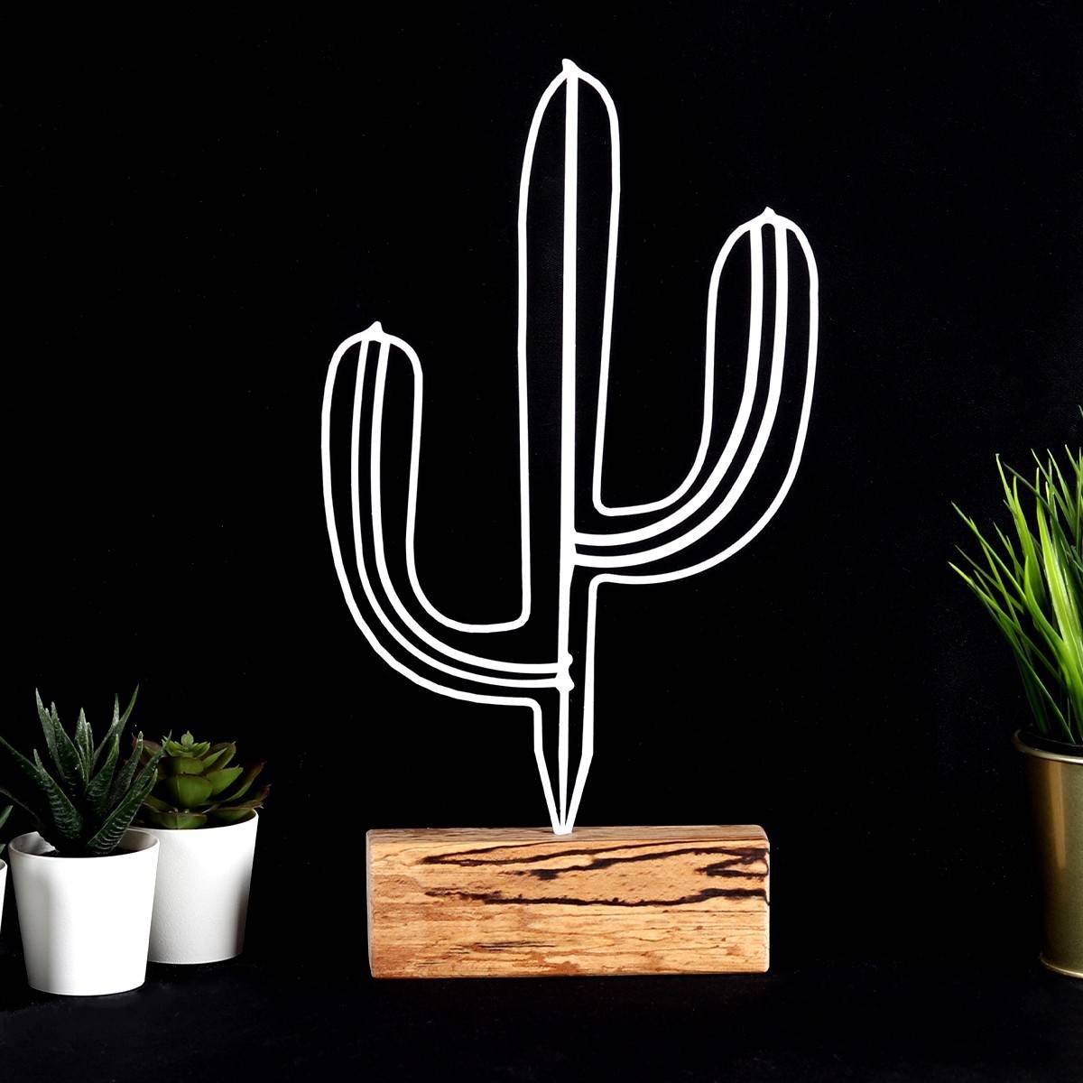 Objet décoratif à poser Approbatio cactus Saguaro 37cm Métal Blanc Socle Bois