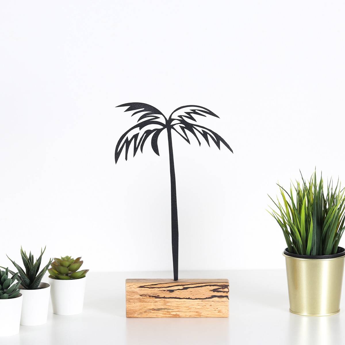 Objet décoratif à poser Approbatio cocotier palmier 35cm Métal Noir Socle Bois