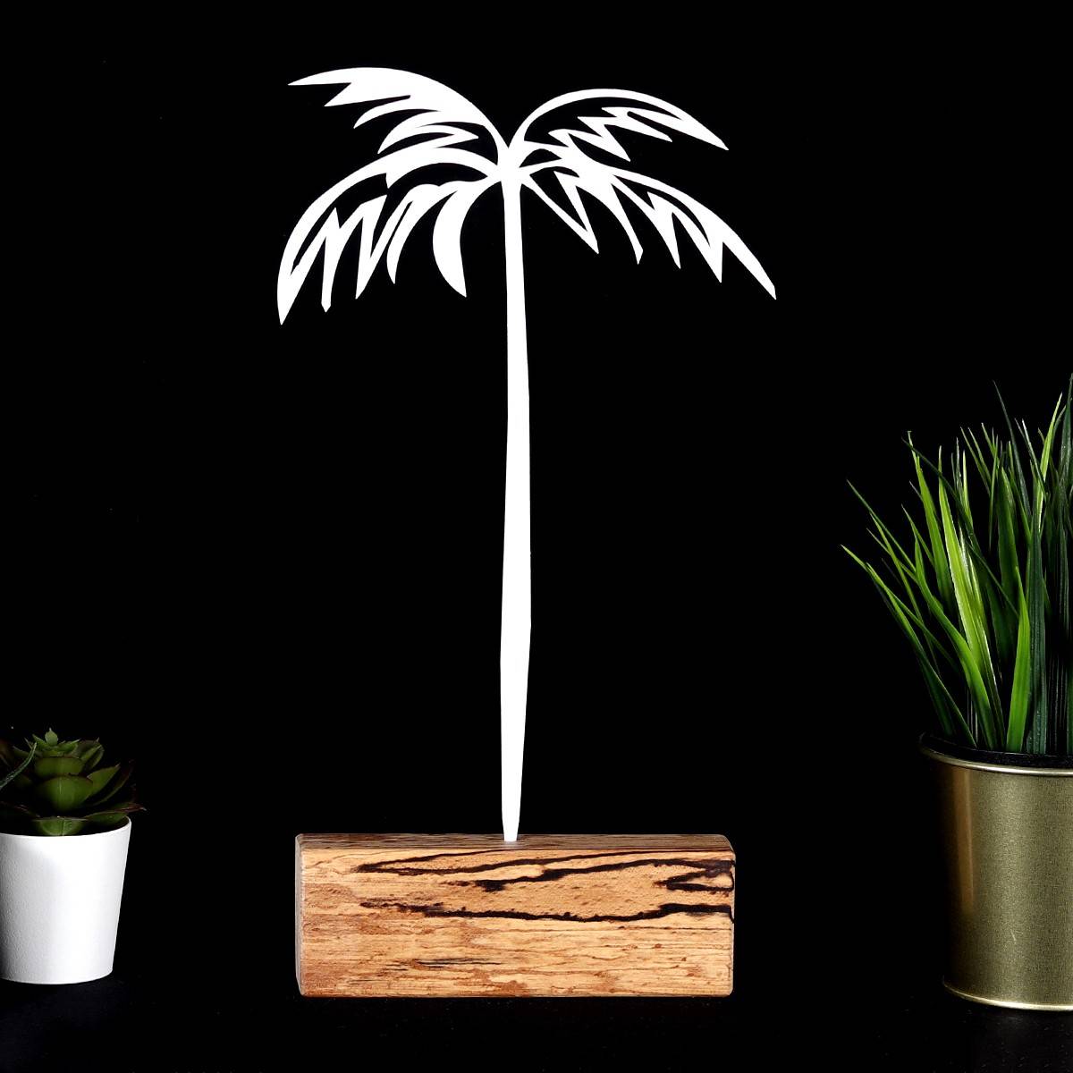 Objet décoratif à poser Approbatio cocotier palmier 35cm Métal Blanc Socle Bois