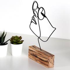 Dekoratives Objekt zum Aufstellen Approbatio Gesicht Frau mit Brille H31 cm Metall Schwarz Sockel Holz